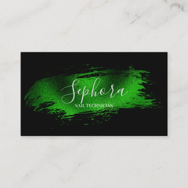 Chic Emerald Green Metallic Foil Paint Stroke Business Card (Front)