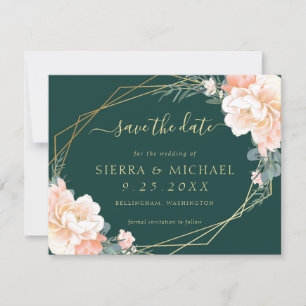 Chic Emerald Green Peach Gold Floral Save the Date Invitation