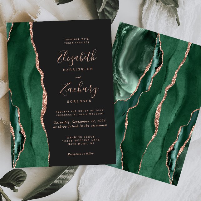 Chic Emerald Green Rose Gold Agate Dark Wedding Invitation (Creator Uploaded)