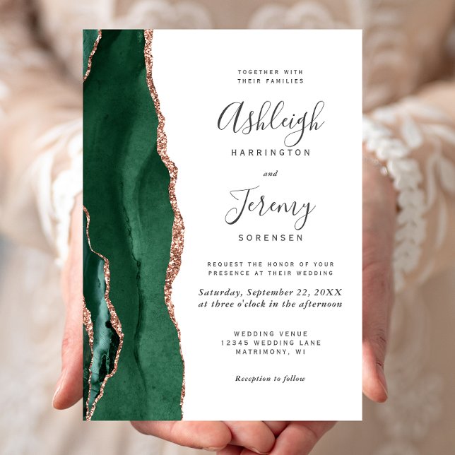 Chic Emerald Green Rose Gold Agate Wedding Invitation (Creator Uploaded)