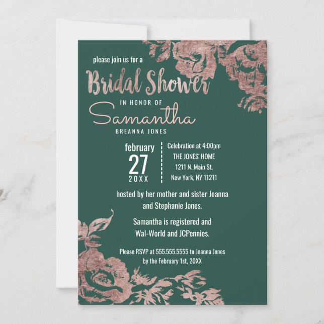 Chic Emerald Green Rose Gold Floral Bridal Shower Invitation (Front)