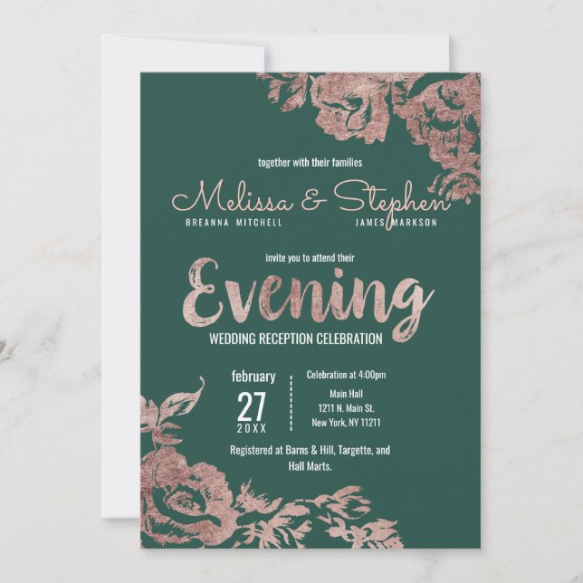 Chic Emerald Green Rose Gold Floral Evening Invitation (Front)