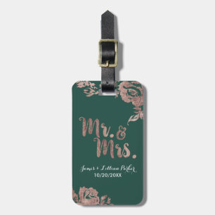 Chic Emerald Green Rose Gold Floral Mr. and Mrs. Luggage Tag