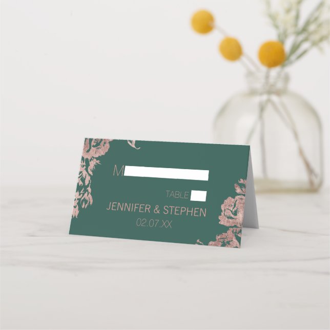 Chic Emerald Green Rose Gold Floral Place Cards (Front)