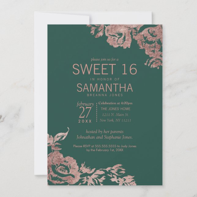 Chic Emerald Green Rose Gold Floral Sweet 16 Invitation (Front)