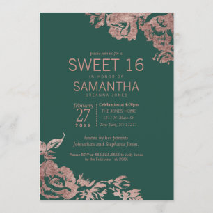 Chic Emerald Green Rose Gold Floral Sweet 16 Invitation