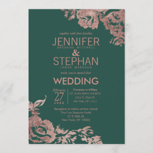 Chic Emerald Green Rose Gold Floral Wedding Invitation