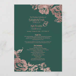 Chic Emerald Green Rose Gold Floral Wedding Programme