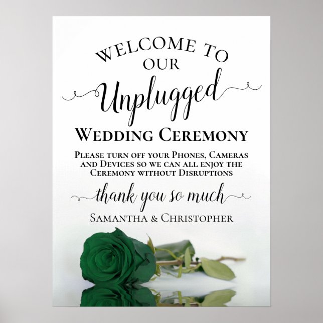 Chic Emerald Green Rose Unplugged Wedding Ceremony Poster (Front)