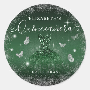 Chic Emerald Green Silver Glitter Gown Quinceañera Classic Round Sticker