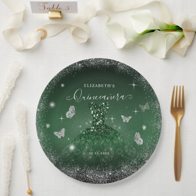 Chic Emerald Green Silver Glitter Gown Quinceañera Paper Plate (Wedding)