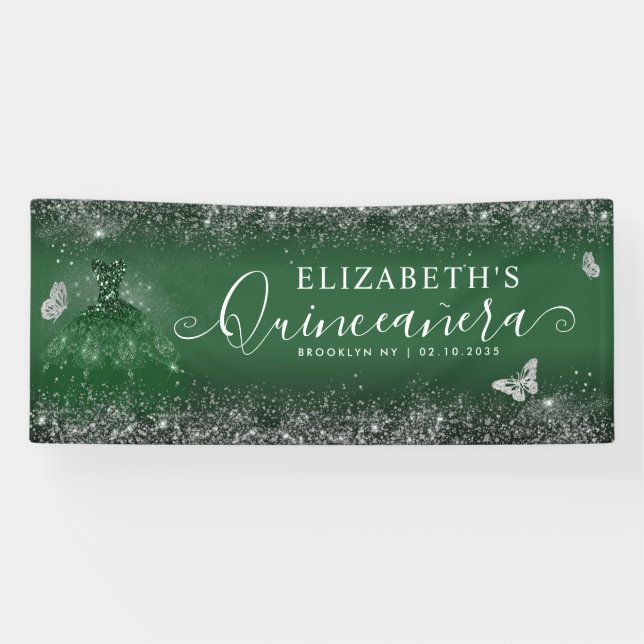 Chic Emerald Green Silver Gown Quinceañera Welcome Banner (Horizontal)