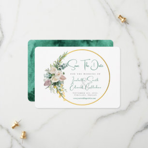 Chic Emerald Green Watercolor Gold & Floral Frame Save The Date