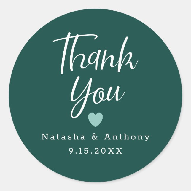 Chic Emerald Green White Heart Thank You Wedding Classic Round Sticker (Front)