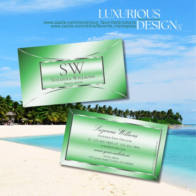Chic Emerald Green with Silver Decor and Monogram Business Card (Creator Uploaded)