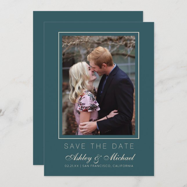 Chic Emerald Ivory Photo Wedding Save The Date Invitation (Front/Back)