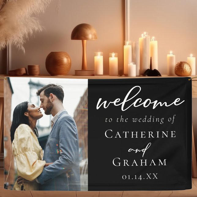 Chic Engagement Couple Photo Black Wedding Welcome Banner (Creator Uploaded)