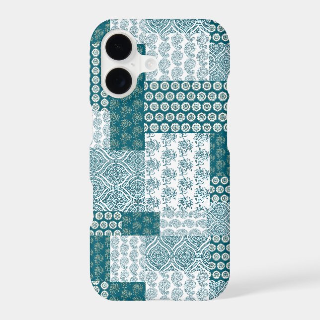 Chic Ethnic Faux Patchwork Pattern, Teal and White (Back)