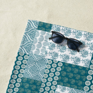 Chic Ethnic Faux Patchwork Pattern, Teal and White Beach Towel