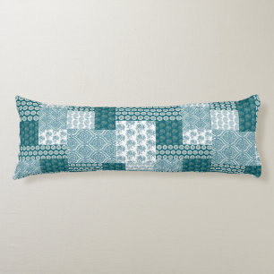 Chic Ethnic Faux Patchwork Pattern, Teal and White Body Cushion