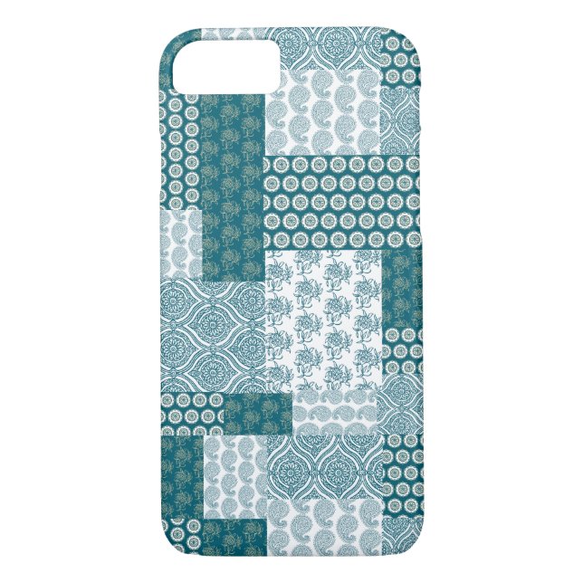 Chic Ethnic Faux Patchwork Pattern, Teal and White Case-Mate iPhone Case (Back)