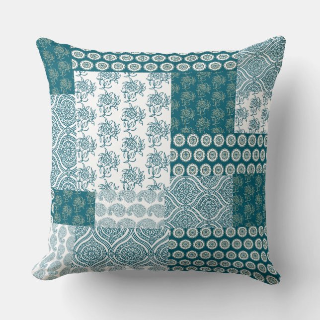 Chic Ethnic Faux Patchwork Pattern, Teal and White Cushion (Front)