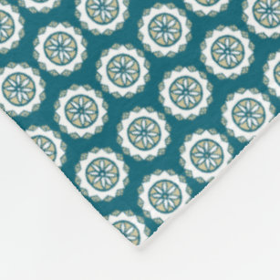 Chic Ethnic Faux Patchwork Pattern, Teal and White Fleece Blanket