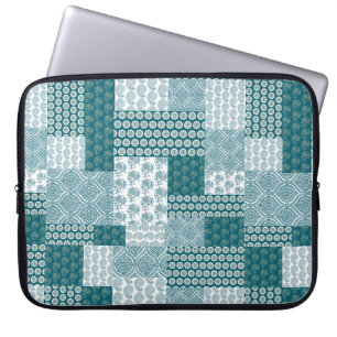 Chic Ethnic Faux Patchwork Pattern, Teal and White Laptop Sleeve