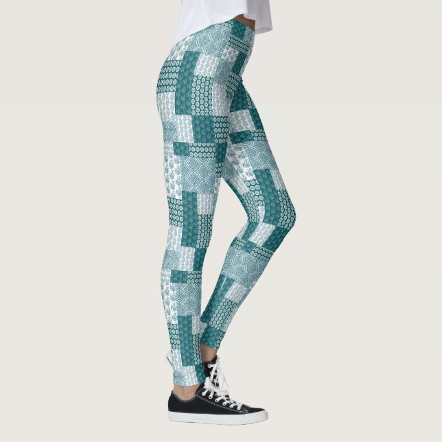 Chic Ethnic Faux Patchwork Pattern, Teal and White Leggings (Right)