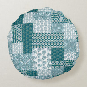 Chic Ethnic Faux Patchwork Pattern, Teal and White Round Cushion