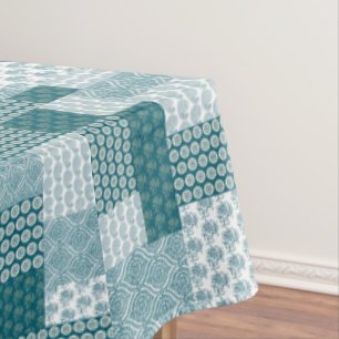 Chic Ethnic Faux Patchwork Pattern, Teal and White Tablecloth
