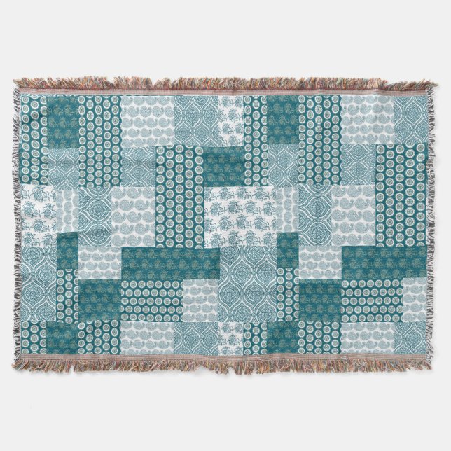 Chic Ethnic Faux Patchwork Pattern, Teal and White Throw Blanket (Front)