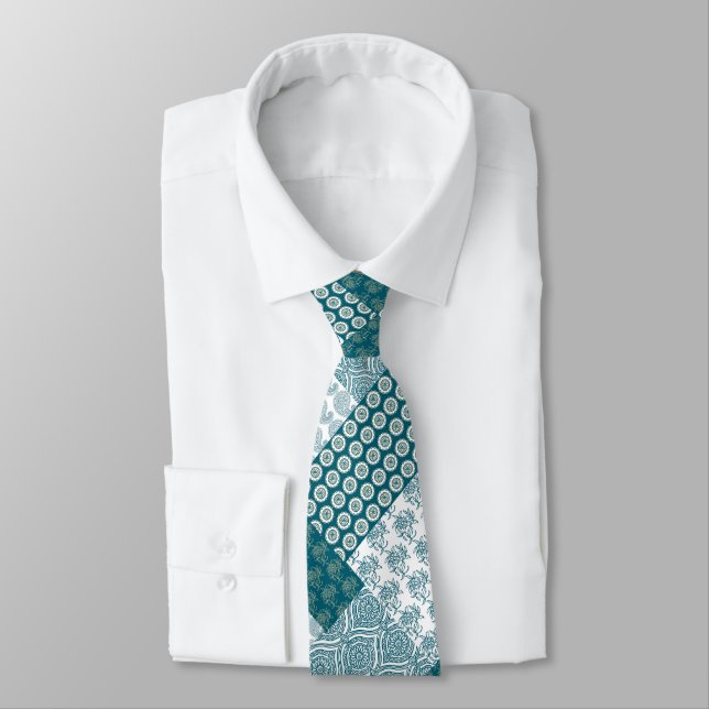 Chic Ethnic Faux Patchwork Pattern, Teal and White Tie (Tied)