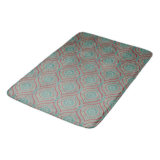 Chic Ethnic Ogee Pattern in Maroon, Teal and Beige Bath Mat (Angled)