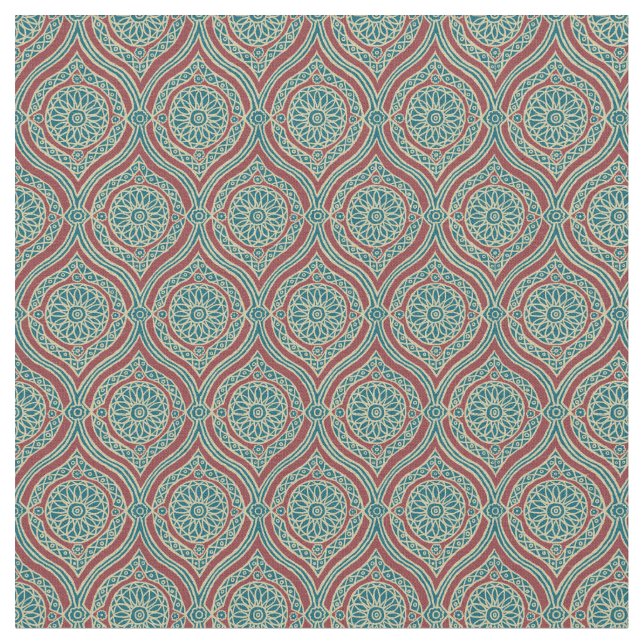 Chic Ethnic Ogee Pattern in Maroon, Teal and Beige Fabric (Close Up)