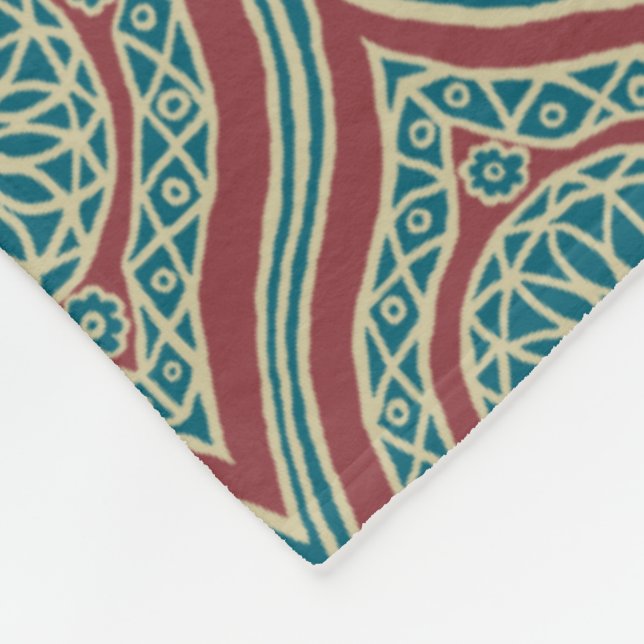 Chic Ethnic Ogee Pattern in Maroon, Teal and Beige Fleece Blanket (Corner)