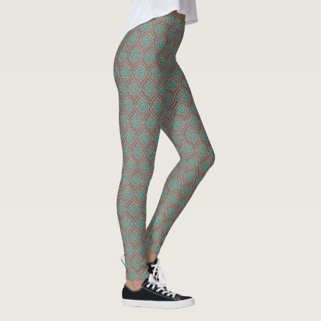 Chic Ethnic Ogee Pattern in Maroon, Teal and Beige Leggings (Right)