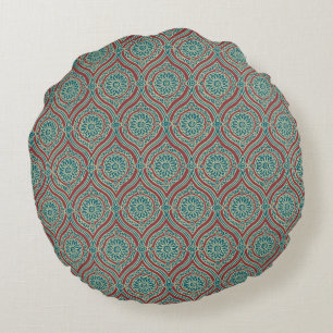 Chic Ethnic Ogee Pattern in Maroon, Teal and Beige Round Cushion