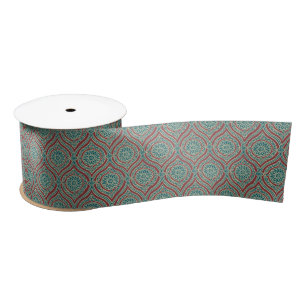 Chic Ethnic Ogee Pattern in Maroon, Teal and Beige Satin Ribbon