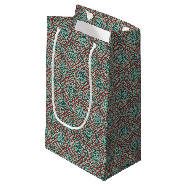 Chic Ethnic Ogee Pattern in Maroon, Teal and Beige Small Gift Bag (Front Angled)