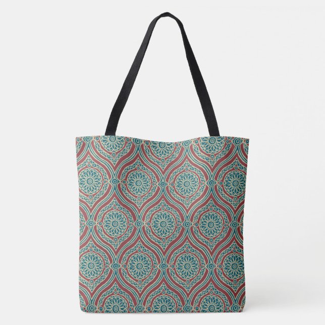Chic Ethnic Ogee Pattern in Maroon, Teal and Beige Tote Bag (Back)