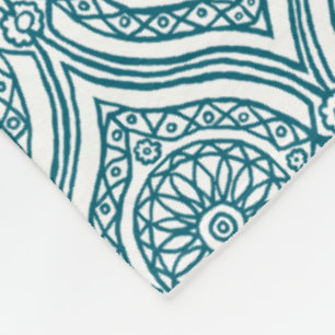 Chic Ethnic Ogee Pattern in Teal on White Fleece Blanket