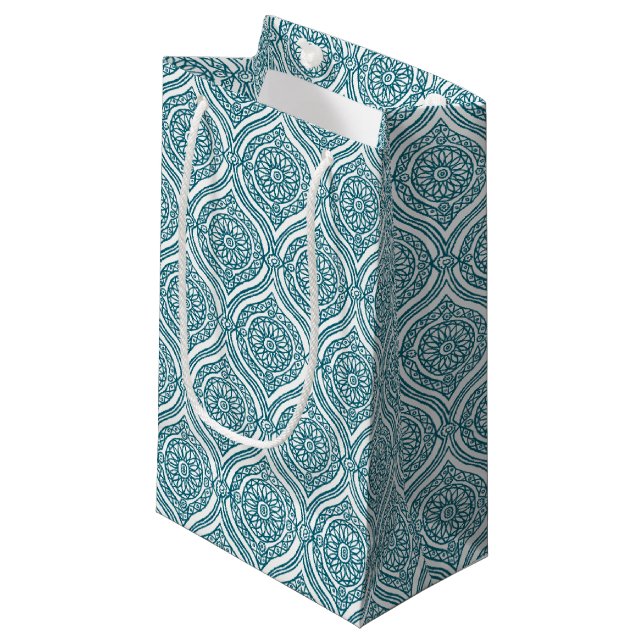 Chic Ethnic Ogee Pattern in Teal on White Small Gift Bag (Front Angled)