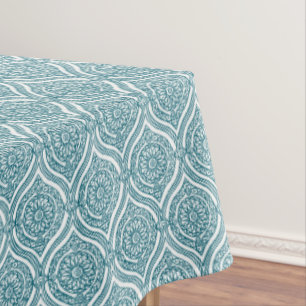 Chic Ethnic Ogee Pattern in Teal on White Tablecloth