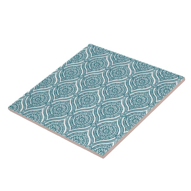 Chic Ethnic Ogee Pattern in Teal on White Tile (Side)