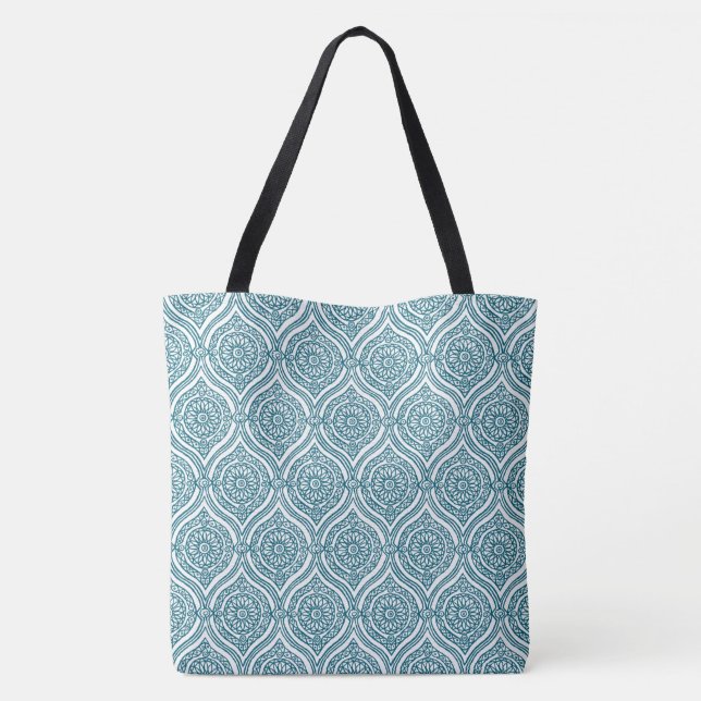 Chic Ethnic Ogee Pattern in Teal on White Tote Bag (Back)