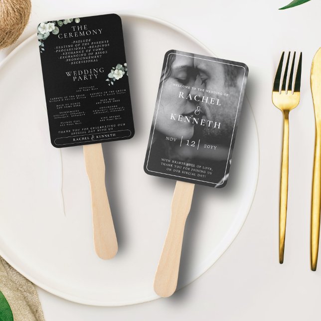 Chic Eucalyptus B&W Photo Wedding Ceremony Program Hand Fan (Creator Uploaded)