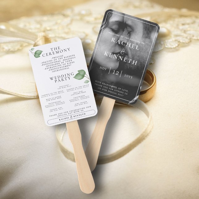 Chic Eucalyptus B&W Photo Wedding Ceremony Program Hand Fan (Creator Uploaded)