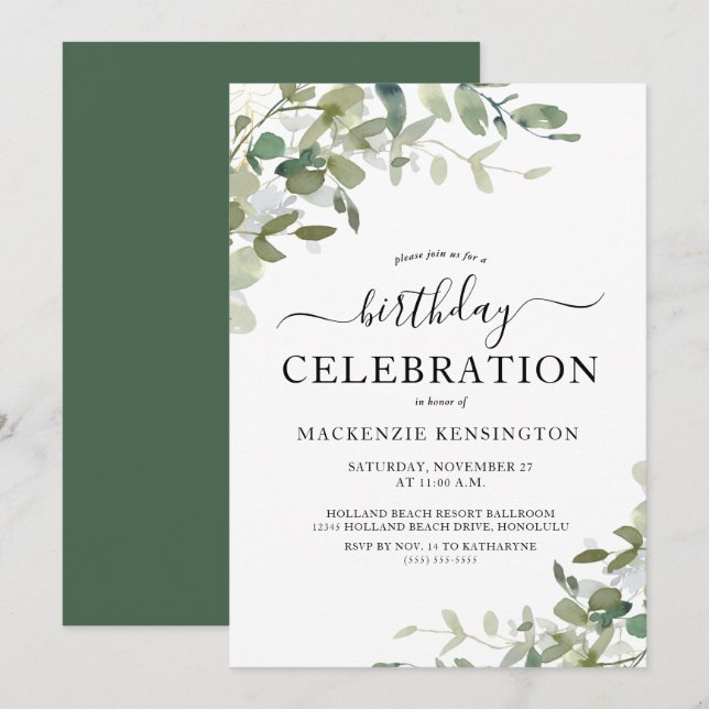 Chic Eucalyptus Birthday Party Celebration Invitation (Front/Back)