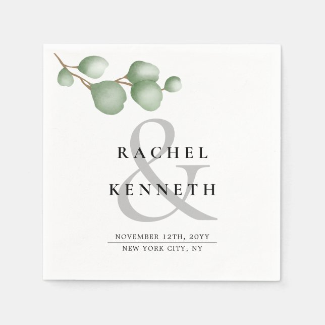 Chic Eucalyptus Black & White Minimalist Wedding Napkin (Front)